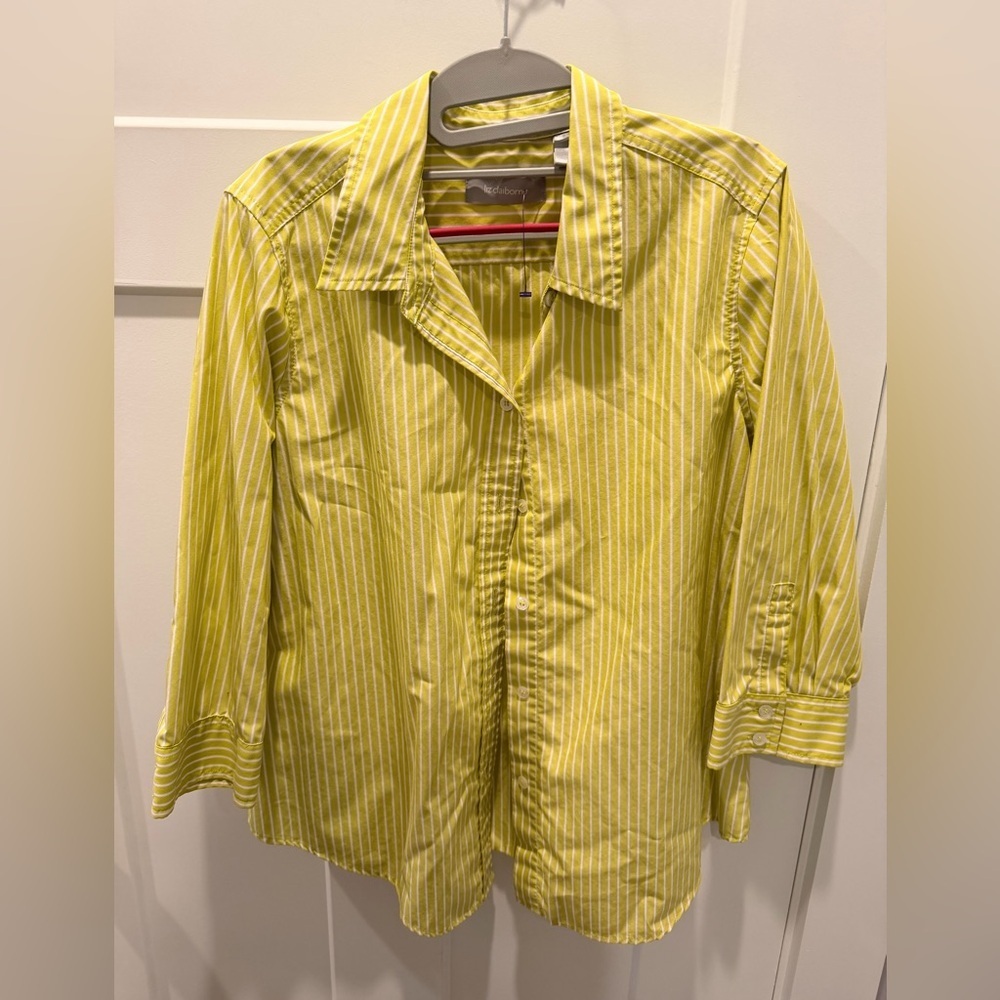 Liz Claiborne Green White Striped Button Front Blouse Women’s Large